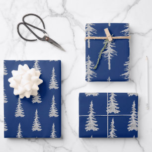 Silver Woodland Spruce Trees On Navy Blue Wrapping Paper Sheets