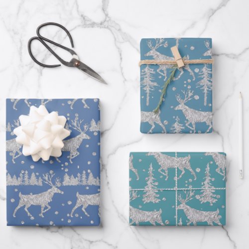 Silver Woodland Stag Spruce Forest Green Blue Wrapping Paper Sheets