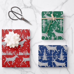 Silver Woodland Stag Spruce Forest Red Blue Green Wrapping Paper Sheets