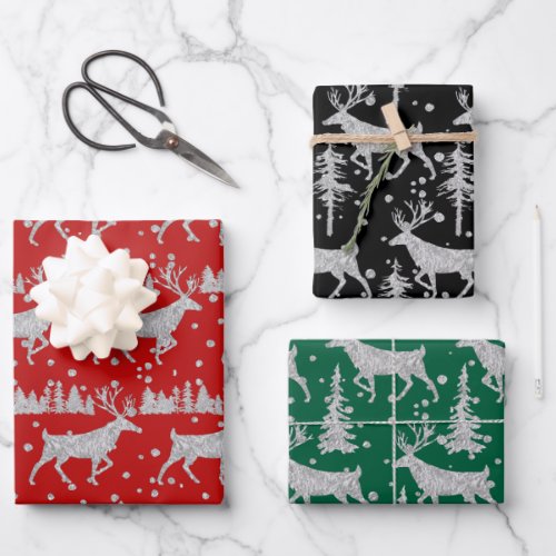 Silver Woodland Stag Spruce Forest Red Green Black Wrapping Paper Sheets