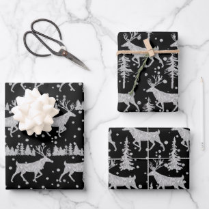 Silver Woodland Stag Spruce Tree Forest Snow Black Wrapping Paper Sheets