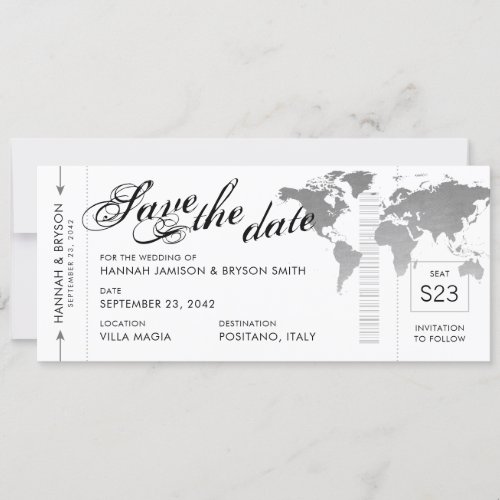 Silver World Map Boarding Pass Save the Date Card