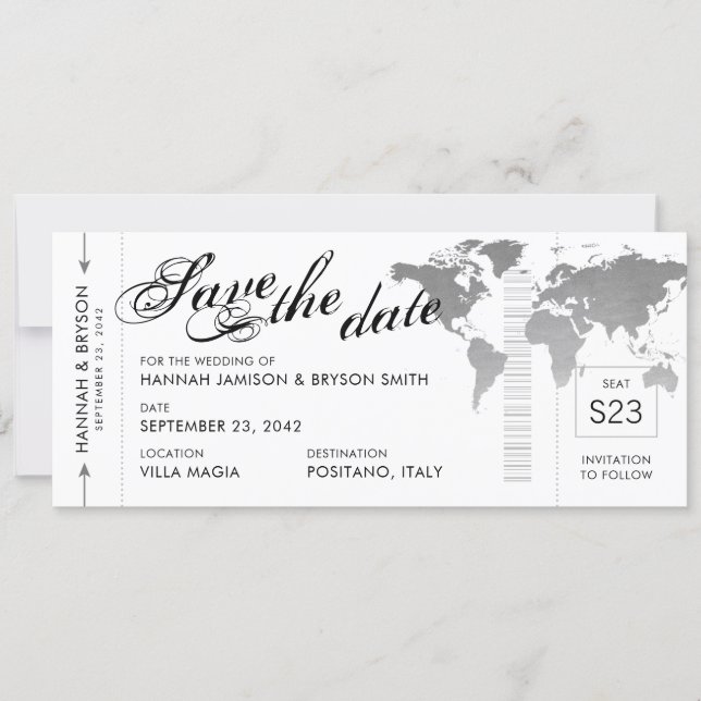 Silver World Map Boarding Pass Save the Date Card (Front)