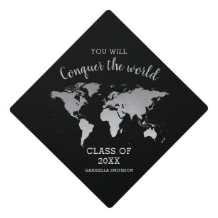 Silver World Map Conquer the World Inspirational Graduation Cap Topper