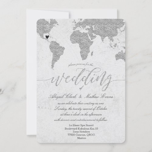Silver World Map Destination Wedding Invitation