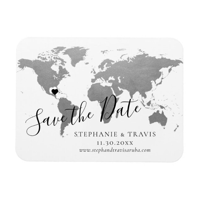 Silver World Map Destination Wedding Save the Date Magnet (Horizontal)