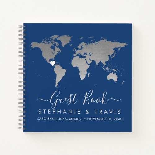 Silver World Map Heart Destination Guest Book