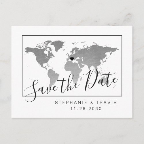 Silver World Map Modern Save the Date Postcard