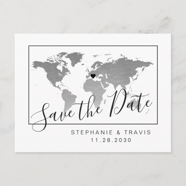 Silver World Map Modern Save the Date Postcard (Front)