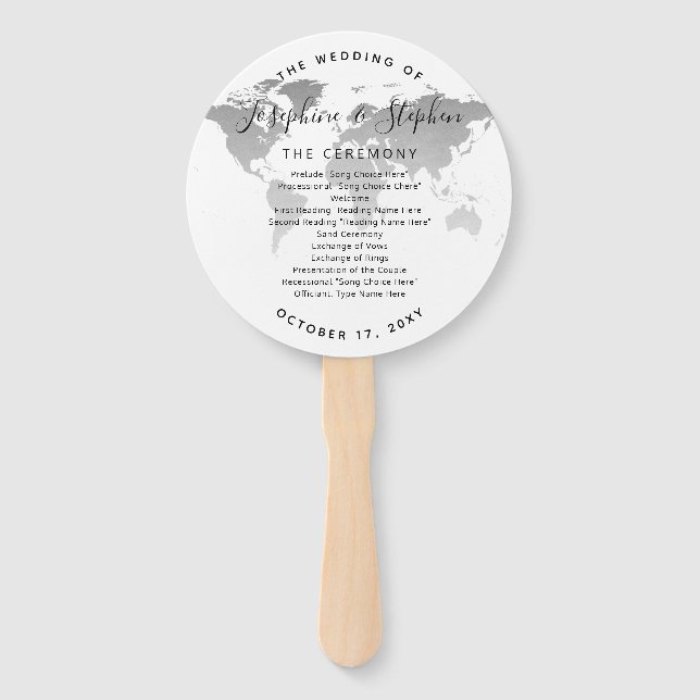 Silver World Map Wedding Program Hand Fan (Front)