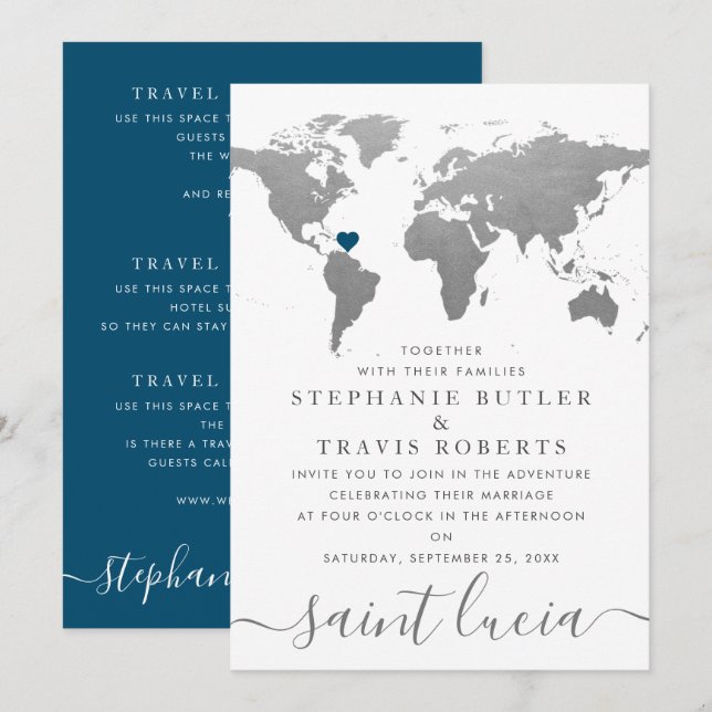 Silver World Travel Map Destination Wedding Invitation (Front/Back)