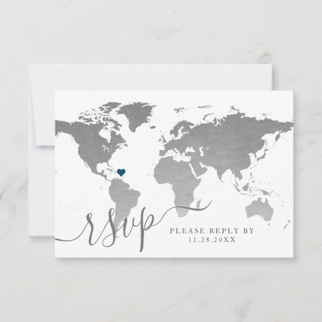 Silver World Travel Map Destination Wedding RSVP Card (Front)