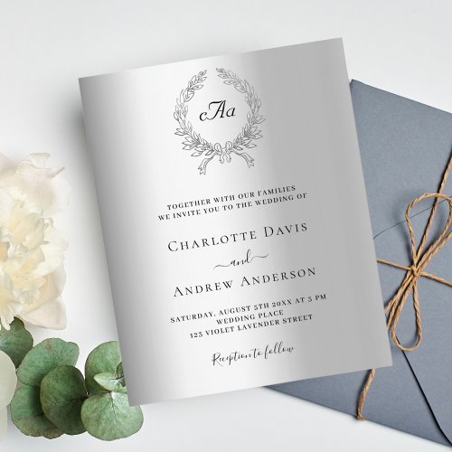 Silver wreath monogram budget wedding invitation