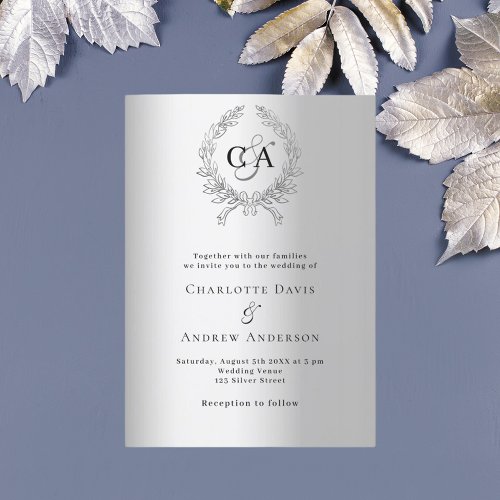 Silver wreath monogram luxury wedding invitation