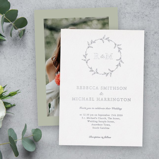 Silver Wreath Monogram Sage Green Wedding Foil Invitation (Creator Uploaded)