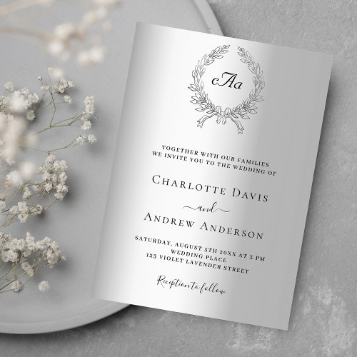 Silver wreath monogram wedding invitation