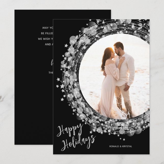 Silver Wreath on Black Photo Happy Holiday Card (Front/Back)