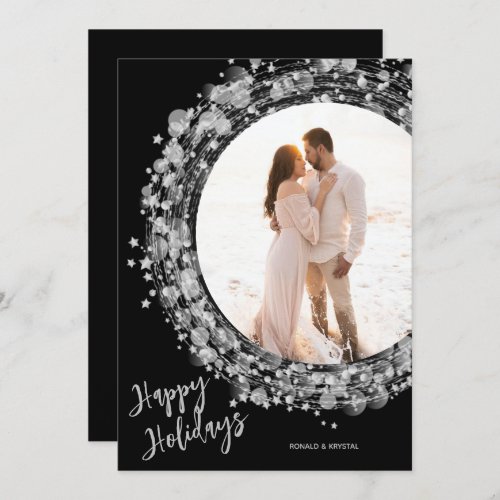 Silver Wreath on Black Photo Happy Holiday Card