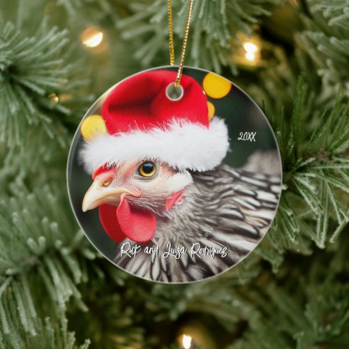 Silver Wyandotte Chicken in Santa Hat Christmas Ceramic Ornament