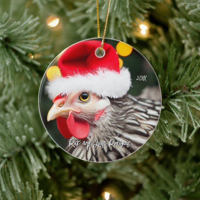 Silver Wyandotte Chicken in Santa Hat Christmas Ceramic Ornament (Tree)