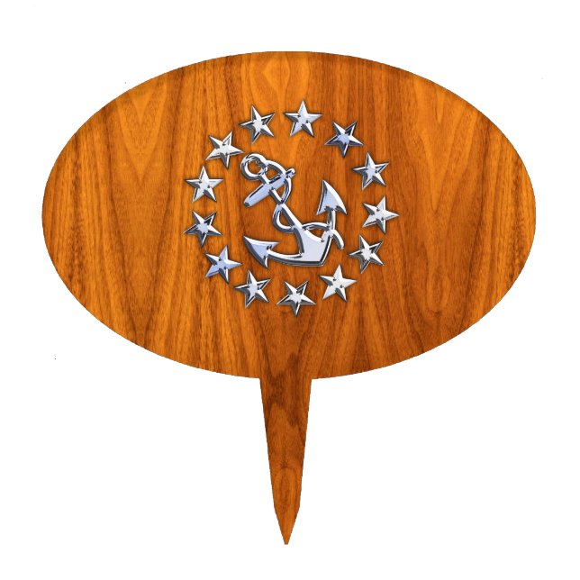Silver Yacht Flag on Nautical Teak Wood Print Cake Topper (Front)