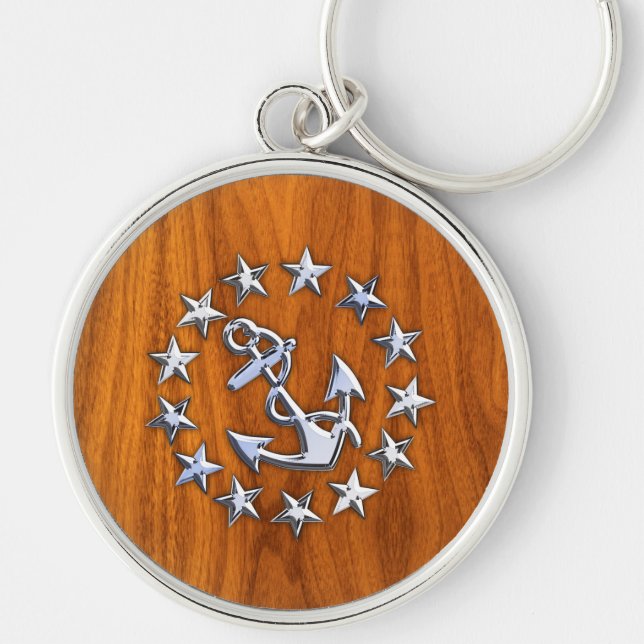 Silver Yacht Flag on Nautical Teak Wood Print Keychain (Front)