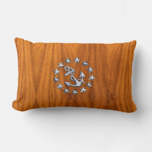Silver Yacht Flag on Nautical Teak Wood Print Lumbar Pillow