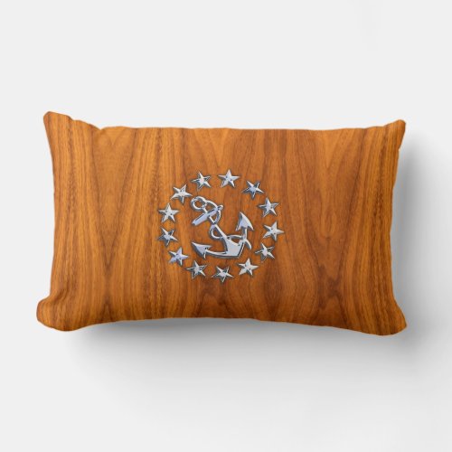 Silver Yacht Flag on Nautical Teak Wood Print Lumbar Pillow