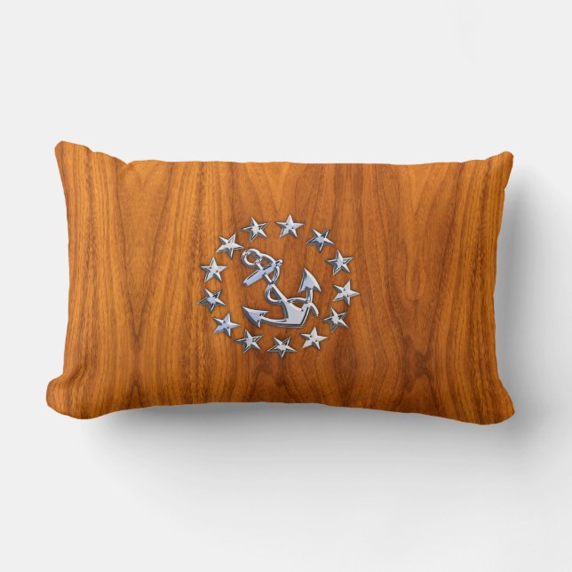 Silver Yacht Flag on Nautical Teak Wood Print Lumbar Pillow (Front)