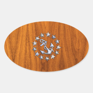 Silver Yacht Flag on Nautical Teak Wood Print Oval Sticker