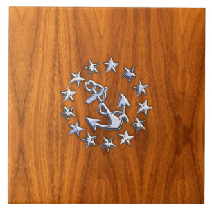 Silver Yacht Flag on Nautical Teak Wood Print Tile