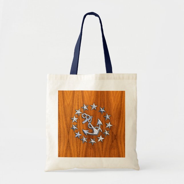 Silver Yacht Flag on Nautical Teak Wood Print Tote Bag (Front)