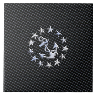 Silver Yacht Naval Flag on Charcoal Grille Ceramic Tile