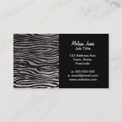 Customizable Silver zebra stripe pattern (faux glitter bling) business card template