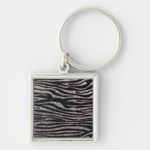 Silver zebra stripe pattern (faux glitter bling) keychain