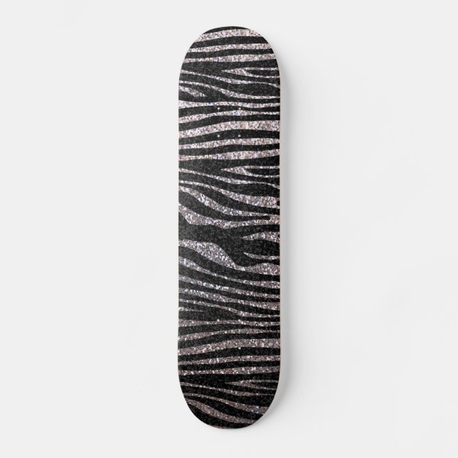 Silver zebra stripe pattern (faux glitter bling) skateboard deck (Front)