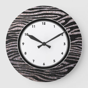 Silver zebra stripes (faux glitter bling) large clock