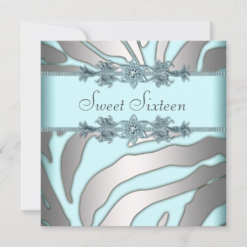 Silver Zebra Teal Blue Sweet 16 Birthday Party Invitation