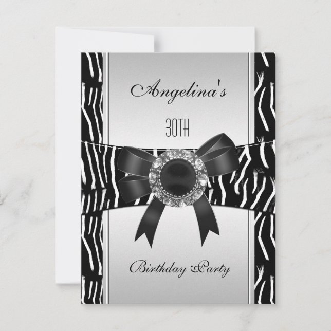 Silver Zebra White Black Jewel 30th Birthday 2 Invitation (Front)