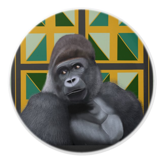 Silverback Gorilla Yellow and Green Geometric  Ceramic Knob (Front)