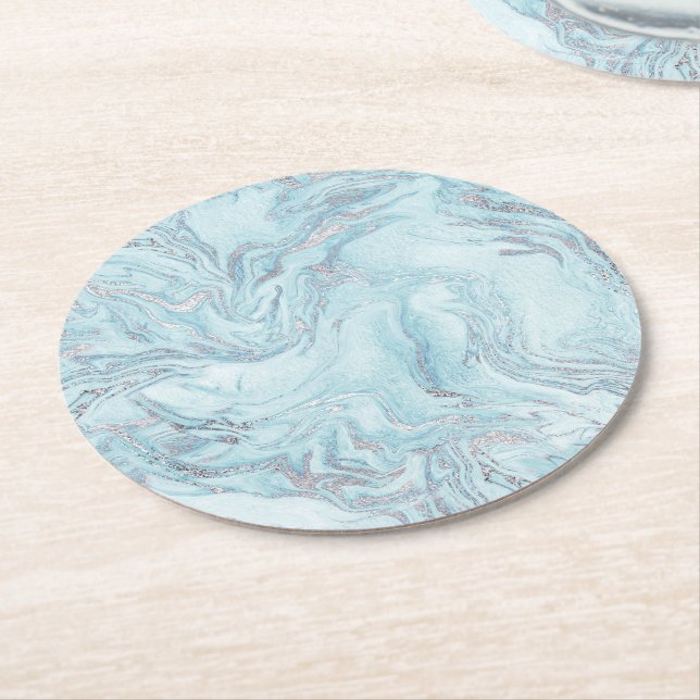 SilverBlue Marble Round Paper Coaster (Angled)