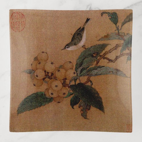 Silvereye bird and loquats Chinese scroll Trinket Tray