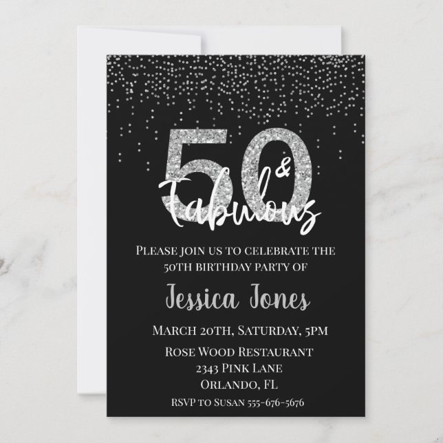SilverGlitter 50 & Fabulous Fifty Birthday party Invitation (Front)