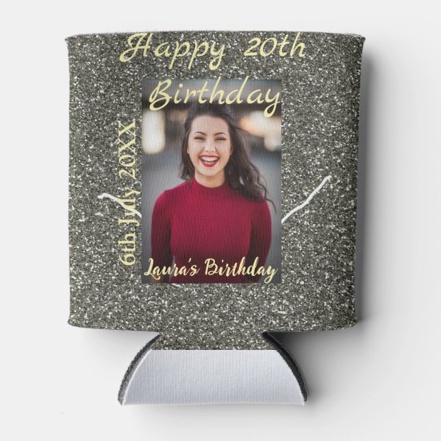 Silverglitter photo 20th birthday add name date can cooler (Front)