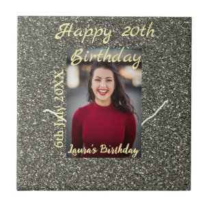 Silverglitter photo 20th birthday add name date ceramic tile