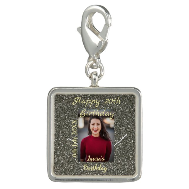 Silverglitter photo 20th birthday add name date charm (Front)