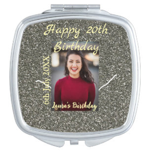 Silverglitter photo 20th birthday add name date compact mirror