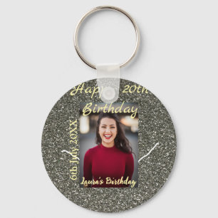 Silverglitter photo 20th birthday add name date keychain
