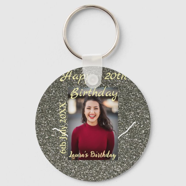 Silverglitter photo 20th birthday add name date keychain (Front)