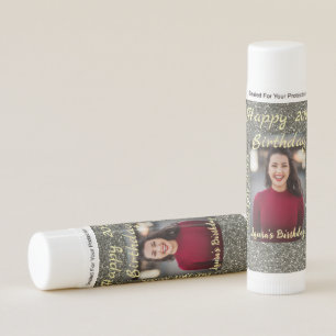 Silverglitter photo 20th birthday add name date lip balm